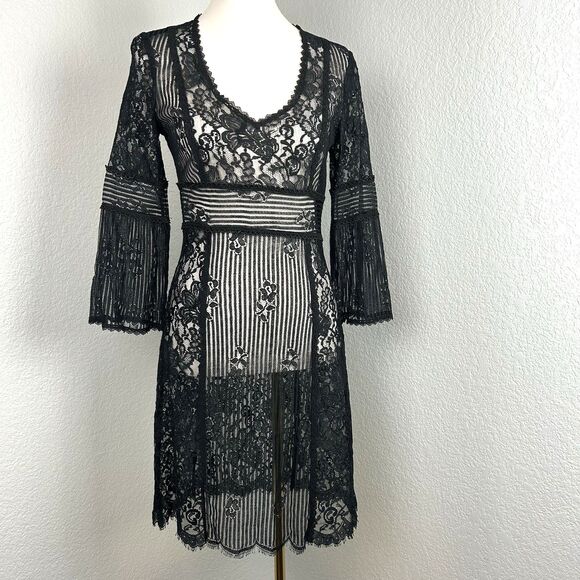 Nanette Lepore Women's Cocktail Dress Black Lace Pink Iridescent Sheath Size 4 - Picture 6 of 13